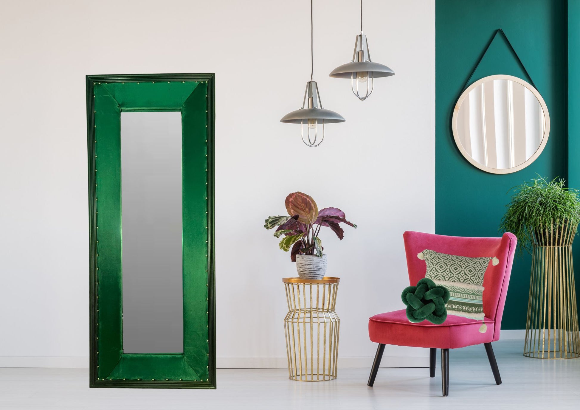 Mini Small Rectangle Wall Mirror Green Velvet - KLW Design